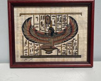 Lot 10166: Hand-Painted Egyptian Papyrus, Winged Goddess, Framed