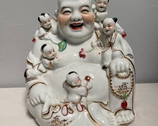 Lot 10127: Chinese Porcelain Laughing Buddha with Five Children, 13"