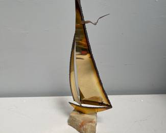 Lot 10111: Mid-Century Torch-Cut Brass Sailboat Sculpture on Onyx