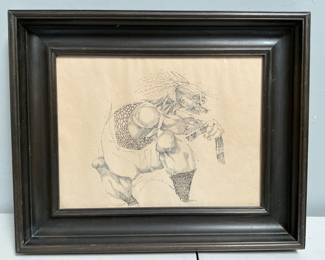 Lot 4068: Sorel Signed 1963 Pen & Ink Flute Player Drawing, Framed