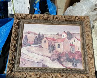 Lot 3023: Mediterranean Village Landscape Painting in Gilt Frame