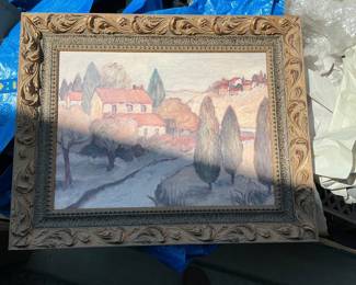Lot 3022: Impasto Tuscan Village Landscape Painting in Gold-Tone Frame