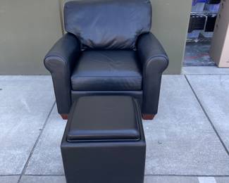 Lot 2520: Black Leather Club Chair with Cube Storage Ottoman