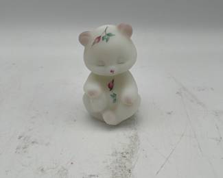 Lot 2699: Fenton White Satin Glass Hand Painted Rose Bear Figurine
