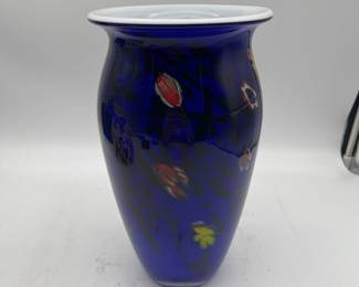 Lot 2731: Murano-Style Cobalt Blue Millefiori Cased Glass Vase