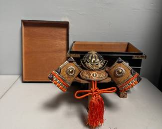Lot 10174: Japanese Boys' Day Kabuto Helmet Display with Lacquered Box