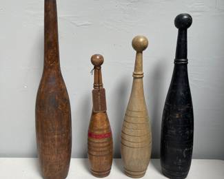 Lot 10094: Four Wood Indian Club Exercise Pins, Graduated Sizes
