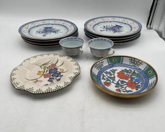 Lot 2753: Jingdezhen Rice Grain Porcelain Plates, Cups + Brass Dish
