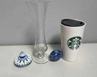 Lot 10167: Starbucks Tumbler, Bud Vase & Sodalite Egg 4-Piece Lot