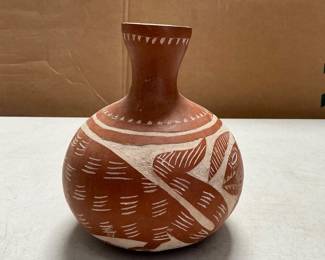 Lot 4081: Sgraffito Carved Redware Pottery Vase, Fish Motif