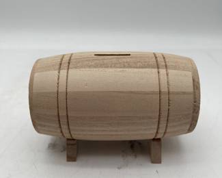 Lot 2796: Creatology Unfinished Wood Barrel Coin Bank on Stand