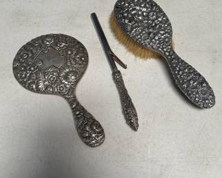 Lot 400: 3-Piece Repousse Vanity Set: Mirror, Brush & Button Hook
