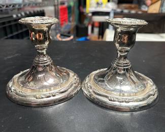 Lot 00260: Pair of Weighted Silver-Tone Candlesticks with Scrolled Rims