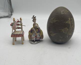 Lot 2639: Bombay Dragon Egg, Dena Designs Chair & German Figurine