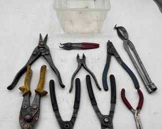 Lot 2827: Lot of 9 Snap Ring, Hose Clamp Pliers & Tin Snips