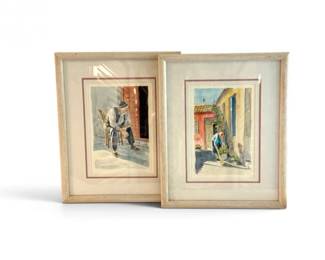 72 PairArtistSignedWatercolorsElderlyManWomanVillageScenes