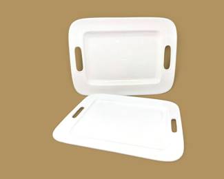 159 2WhitePorcelainRectangularServingPlatterswHandlesMarked