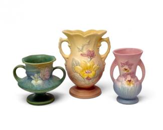 46 VintageRosevilleHullFloralArtPotteryVases3Pcs