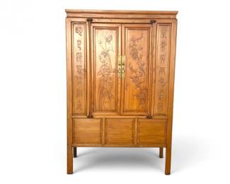 139 VintageAsianCarvedWoodCabinetwCalligraphyBrassHardware