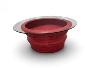 147 VintageRedPaintedWoodFootBathwRemovableGlassTop