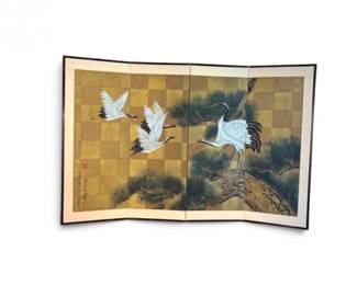 27 PaintedSilkCranePineFoldingScreenArtistMarked