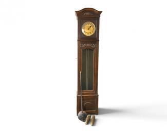 171 VintageWoodLongcaseClockwBrassWeightsPendulum