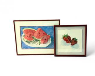134 2SignedFruitWatercolorsStrawberriesWatermelonFramed