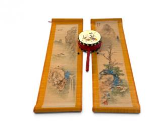 176 ArtistSignedWatercolorLandscapeScrollsDoubleSidedHandDrum