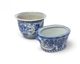 105 2BlueWhiteCeramicFloralBirdPlanters