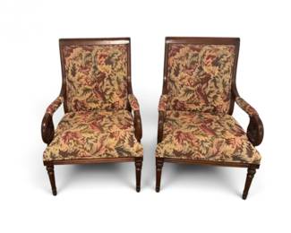7 PairTraditionalCarvedWoodScrollArmChairswFloralUpholstery