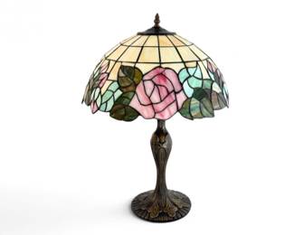 88 TiffanyStyleStainedGlassRoseTableLampwBrassBase