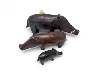 89 CarvedWoodWildBoarPigFigures3Pcs