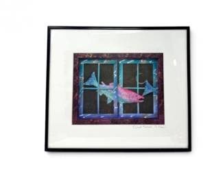 73 ArtistSignedColorfulSalmonFishWindowSceneFramed