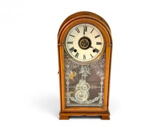 110 AntiqueWoodMantelClockwEtchedGlassVisibleMovement