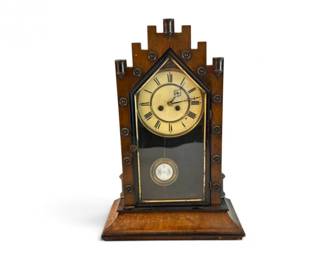 126 AntiqueGothicStyleWoodMantelClockwRAPendulumKey