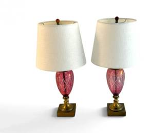 10 EtchedPinkGlassTableLampswBrassBasesShadesPair