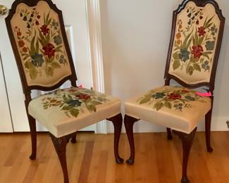 Pair of Queen Anne style embroidered chairs. 43 1/4 “ H x 20 “W x 17 1/2“ D x 20 1/2” Seat Height.