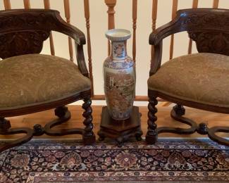 Pair of reproduction Renaissance chairs from Design Toscano. 25 1/2” W x 24” D x 32” H.