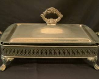 Silver plated/Pyrex lined serving tray w/ lid