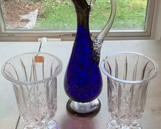 Matching formed glass small vases and glass cobalt blue and silver hand-blown Venetian art glass ewer.