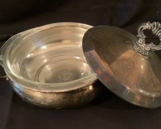 Silver plate, Pyrex bowl serving dish w/ lid