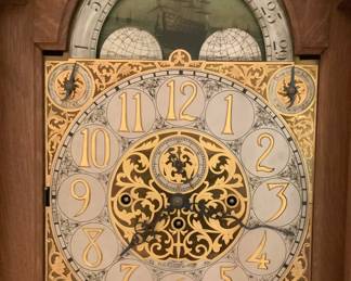 Face of a 1904 Black Starr and Frost Tall Case Grandfather Clock. In very good working condition! Quarter sawn Tiger Oak. Mechanism numbered 74073 Elite. Patented May 17, 1904. Belonged to Beatrice Black (related to the founder of the Black, Starr & Frost Jewelry firm. Purchased from Estate Sale at family home in Pelham, NY)