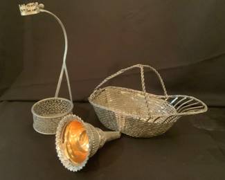 Silver plated decanting funnel, two wine server baskets