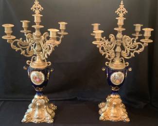 Pair of Candelabras. Porcelain and gilded base metal. 12” W x 22” W. . Excellent condition.