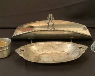 Sterling baby cup, silver plated over copper asparagus server, small Sterling salver, crystal dinner bell