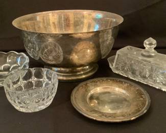 Large silver plated Revere bowl, small Sterling salver, cut glass butter dish with cover