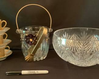 Three demitasse cups and saucers, small ice bucket, large Waterford bowl