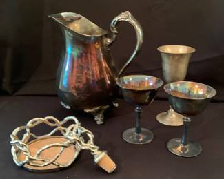 Michael Aram wine coaster and cork set, silver plated pitcher (AS-IS), silver plated wine “glasses”