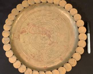 Vintage mid-century brass Aztec/Mayan calendar bordered by Mexican centavo coins. 14” Diameter.