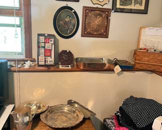 Vintage spice jars, vintage silver pitcher and trays, fabric, framed art and etchings